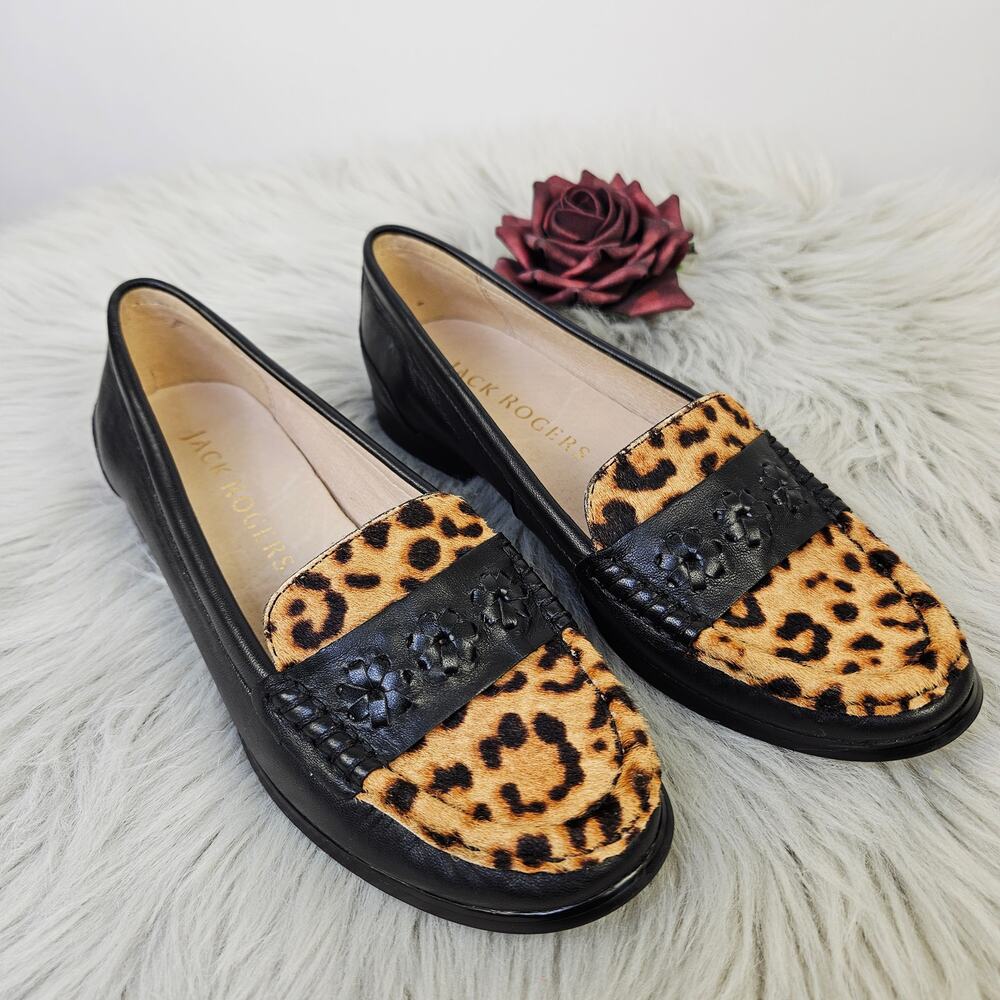Jack Rogers Remy Calf Hair Leopard Print Loafers Black Leather SlipOn Flats 5.5B